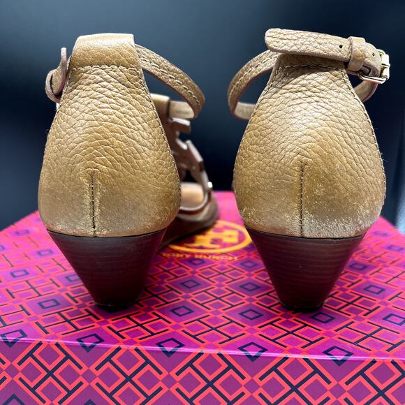 Tory Burch Logo Chandler Wedge Sandals Brown Tan Size 8 - Picture 5 of 9